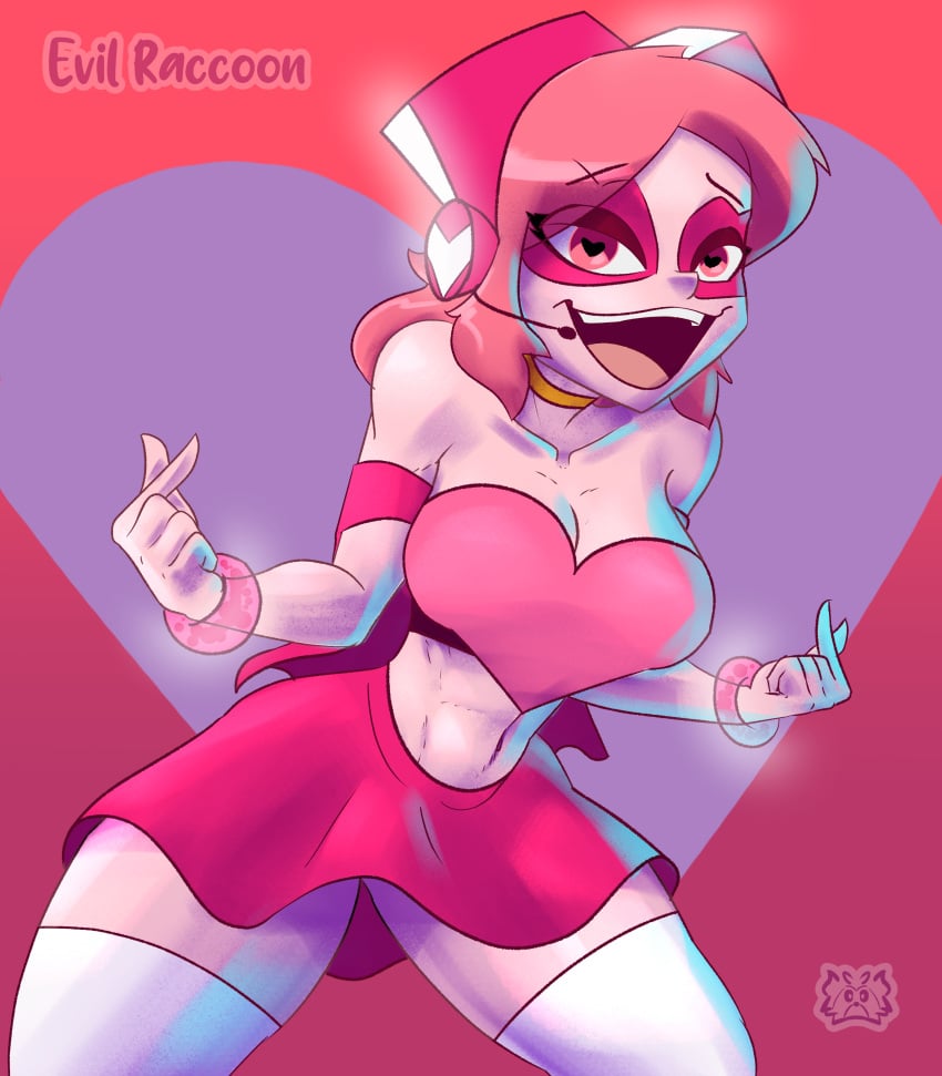 1girls bangle breasts cartoon_network clothed clothed_female clothing earphones evil_raccoon female female_only happy happy_female heart heart-shaped_pupils heart_eyes long_hair looking_at_viewer miss_heed_(villainous) pink_body pink_eyes pink_hair pink_skin simple_background skirt smile smiling_at_viewer socks villainous