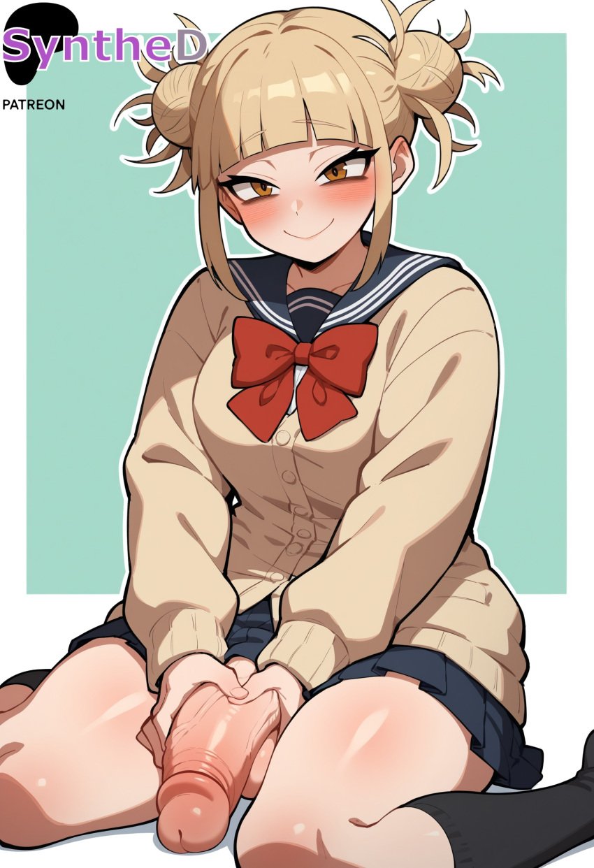 1futa ai_generated artist_name artist_signature balls black_socks blonde_hair blush boku_no_hero_academia bow bowtie double_bun futanari hair_bun hi_res high_resolution highres himiko_toga intersex looking_at_viewer my_hero_academia patreon penis school_uniform sidelocks sitting skirt smile socks solo synthed testicles toga_himiko uncensored veiny_penis yellow_eyes