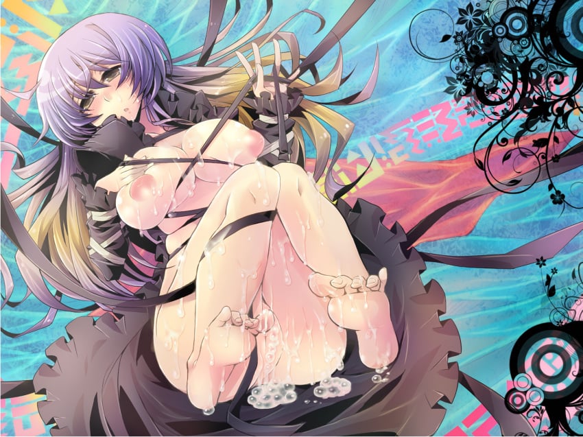 1girls areolae asai_ichiko barefoot blonde_hair breasts cum cumdrip dress feet female gradient_hair highres hijiri_byakuren large_areolae large_breasts long_hair multicolored_hair nude open_dress purple_hair pussy solo sorcerer's_sutra_scroll touhou two_tone_hair uncensored yellow_eyes