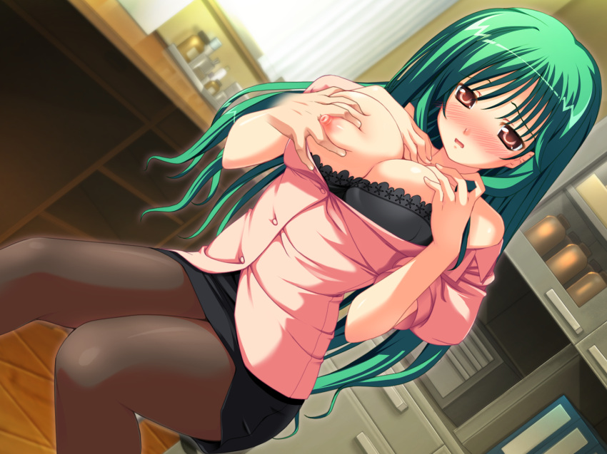 blush bra breast_grab breasts clothing game_cg green_hair itosuzu_huuro large_breasts nipples pantyhose skirt soushinjutsu_3 soushinjutsu_rei underwear