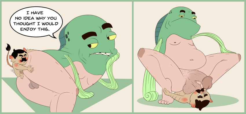 absurd_res anal anal_sex animal_humanoid anthro arlo_the_alligator_boy ass balls bent_legs black_eyes bob-jiggles bodily_fluids body_hair butt_grab clenched_teeth collage_(artwork) dialogue dorsal_fin duo dwarf eyebrows facial_hair feet fin fish fish_humanoid flippers foot_grab from_behind_position genital_fluids genitals green_body hair hairy_balls half-closed_eyes hand_on_butt hand_on_face hand_on_ground hand_on_knee hand_on_leg hi_res highlights_(coloring) holding_butt humanoid humanoid_genitalia humanoid_penis hybrid interspecies long_tail looking_at_another looking_at_partner looking_down looking_unpleasured lying male male/male mammal mammal_humanoid marcellus_(arlo_the_alligator_boy) marine marine_humanoid merfolk moobs moustache murid murid_humanoid murine murine_humanoid narrowed_eyes navel netflix nipples on_side penetration penis pointy_ears precum presenting presenting_hindquarters pubes rat rat_humanoid rodent rodent_humanoid sex simple_background sitting sitting_on_another size_difference speech_bubble split_form spots tail tail_tuft tan_body teeny_tiny_tony_(arlo_the_alligator_boy) teeth teeth_showing thick_eyebrows tuft unimpressed white_sclera yellow_sclera
