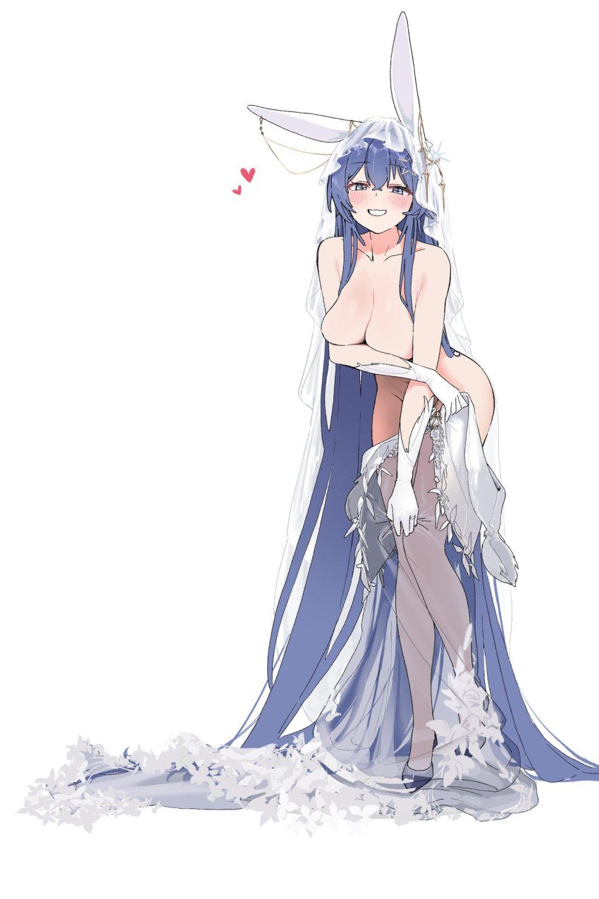 absurdly_long_hair animal_ears azur_lane blue_eyes blue_hair blush breasts female flower full_body gloves grin heart high_heels large_breasts long_hair looking_at_viewer new_jersey_(azur_lane) new_jersey_(snow-white_ceremony)_(azur_lane) nude rabbit_ears simple_background smile solo standing tail teeth veil very_long_hair white_background white_gloves