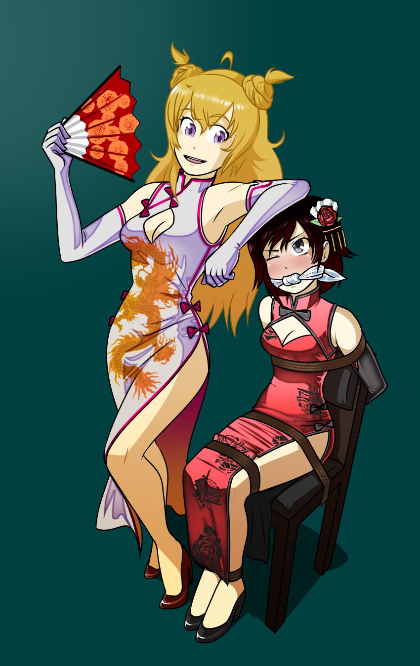 bondage bondage boob_window china_dress cloth_gag gag gagged heels rope_bondage ruby_rose rwby tied_to_chair wossarem yang_xiao_long