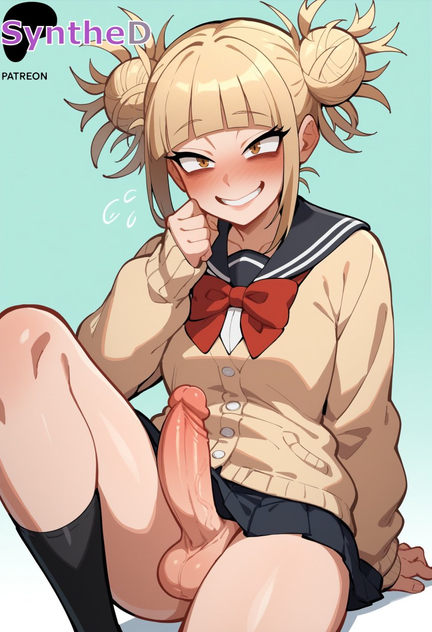 1futa ai_generated artist_name artist_signature balls black_skirt black_socks blonde_hair blunt_bangs blush boku_no_hero_academia bow bowtie double_bun erection futanari grin hair_bun hi_res high_resolution highres himiko_toga intersex knee_up looking_at_viewer my_hero_academia patreon penis red_bow school_uniform simple_background sitting skirt smile socks solo synthed teeth testicles toga_himiko uncensored veiny_penis yellow_eyes