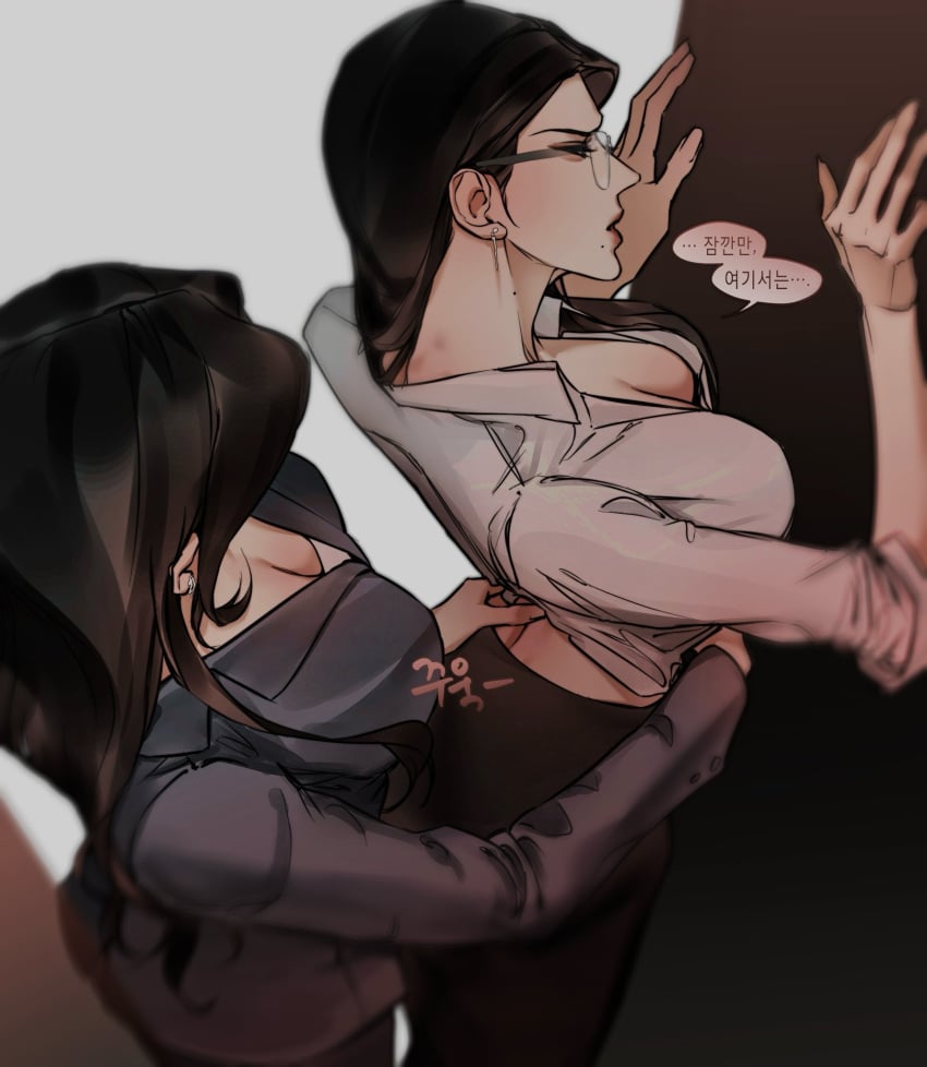 200leg 2girls asian asian_female black_hair breasts cleavage dry_humping female female_only hi_res high_quality high_resolution highres korean korean_female korean_text lesbian_couple more_at_source oc office office_clothing office_lady original_character original_characters tagme workplace yuri