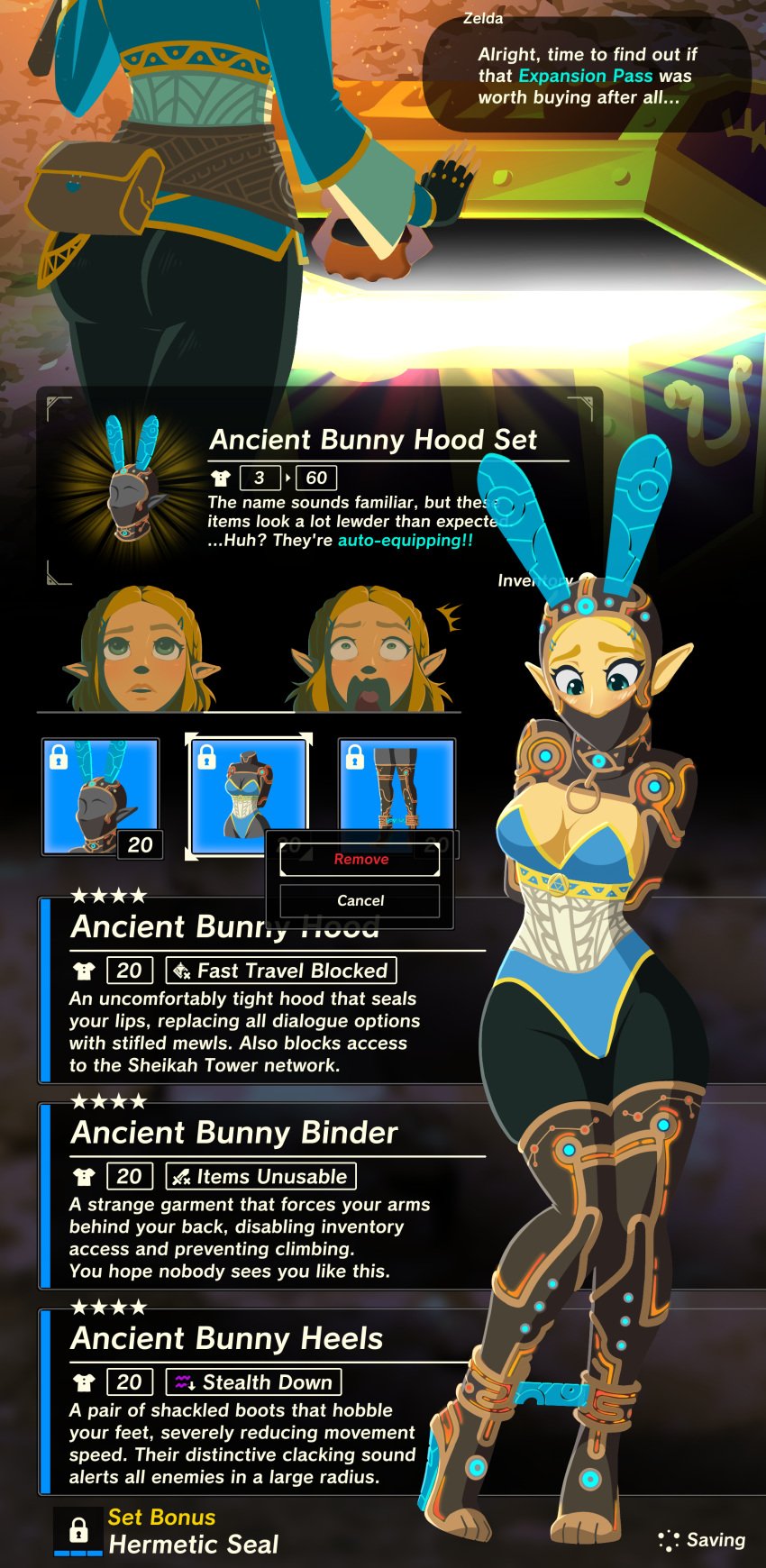 1girls ancient_bunny_binder ancient_bunny_heels ancient_bunny_hood ancient_bunny_hood_set armbinder arms_behind_back awkward bad_end blonde_hair bondage boxbinder breasts breath_of_the_wild bunny_costume bunny_ear bunny_ears bunny_girl bunny_hood bunnysuit cleavage clothed clothes clothing costume curse cursed_clothing cursed_item english_text female female_only fully_clothed gameplay_mechanics heels high_heels humiliation item_description knees_together_feet_apart leotard lingerie nintendo on_model pale_skin permanent_bondage predicament_bondage princess_zelda public_humiliation solo stiletto_heels tears_of_the_kingdom text the_legend_of_zelda thighhighs tiptoes trapped very_high_heels wide_hips wossarem zelda_(tears_of_the_kingdom)