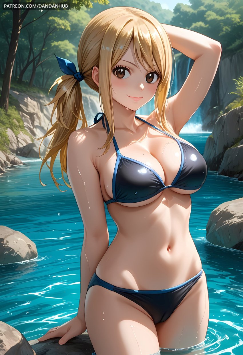 ai_generated arm_behind_head arm_up bangs bikini black_bikini blonde_hair blush breasts brown_eyes cameltoe cleavage closed_mouth collarbone cowboy_shot dandanhub day fairy_tail female halterneck large_breasts long_hair looking_at_viewer lucy_heartfilia navel outdoors patreon_username ponytail rock sidelocks smile solo stomach swimsuit tree underboob wading water watermark wet