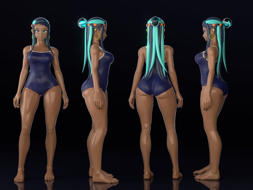 1girls 3d 3d_model alternate_version_available ass blue_hair breasts breasts feet female female_only hi_res highres nessa_(pokemon) pokemon sukumizu swimsuit tagme yaja3d