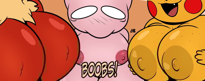 2024 absurd_res areola big_breasts biped black_nose blaziken bodily_fluids breasts cheek_spots english_text exclamation_point female fingers fluffy fur generation_1_pokemon generation_3_pokemon group hi_res legendary_pokemon luanctoons mew_(pokemon) neck_tuft nintendo nipples nude open_mouth open_smile pikachu pink_breasts pokemon pokemon_(species) red_breasts red_cheeks sharp_teeth smile tears teeth text tongue trio tuft white_eyes yellow_areola yellow_breasts yellow_nipples