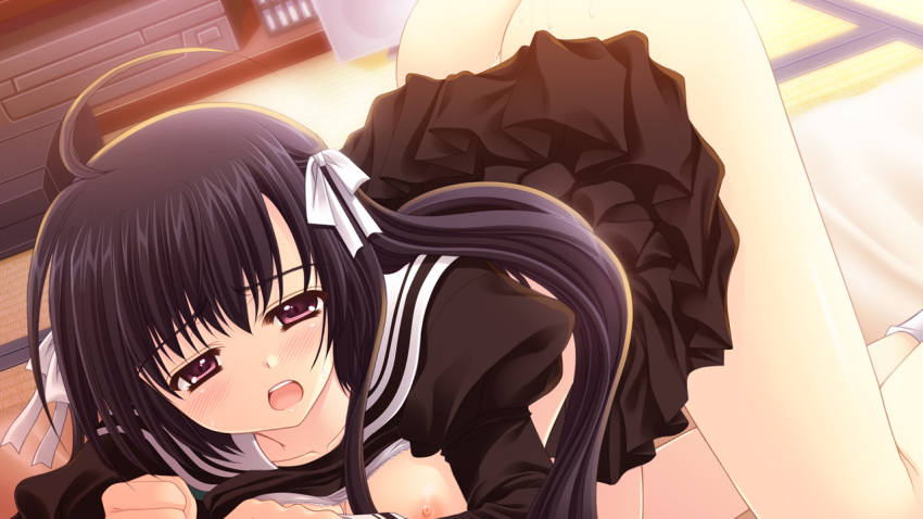 bed black_hair bra breasts game_cg hananomiya_ako long_hair nipples nishimata_aoi open_clothes open_shirt purple_eyes seifuku sekai_seifuku_kanojo sex shirt underwear