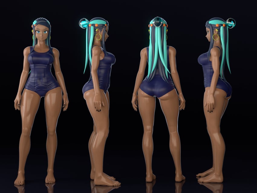 1girls 3d 3d_model alternate_version_available ass blue_hair breasts dark-skinned_female feet female female_only hi_res highres nessa_(pokemon) pokemon sukumizu swimsuit tagme yaja3d