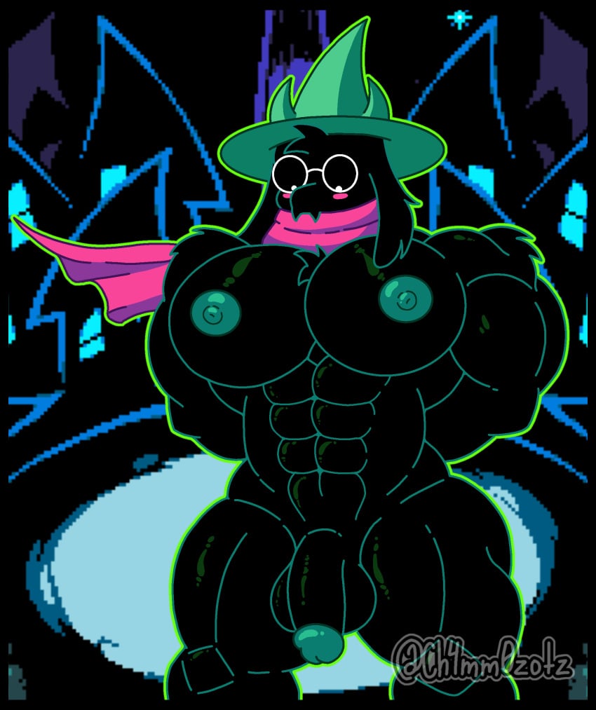 abs absurd_res anthro balls biceps big_balls big_penis black_body black_fur blush bovid caprine ch4mm0zotz clothing deltarune embarrassed eyewear flaccid fur genitals glans glasses goat green_glans green_nipples hands_behind_back hat headgear headwear hi_res horn long_ears looking_down male mammal muscular nipples nude pecs penis ralsei scarf solo thick_thighs tuft undertale_(series)