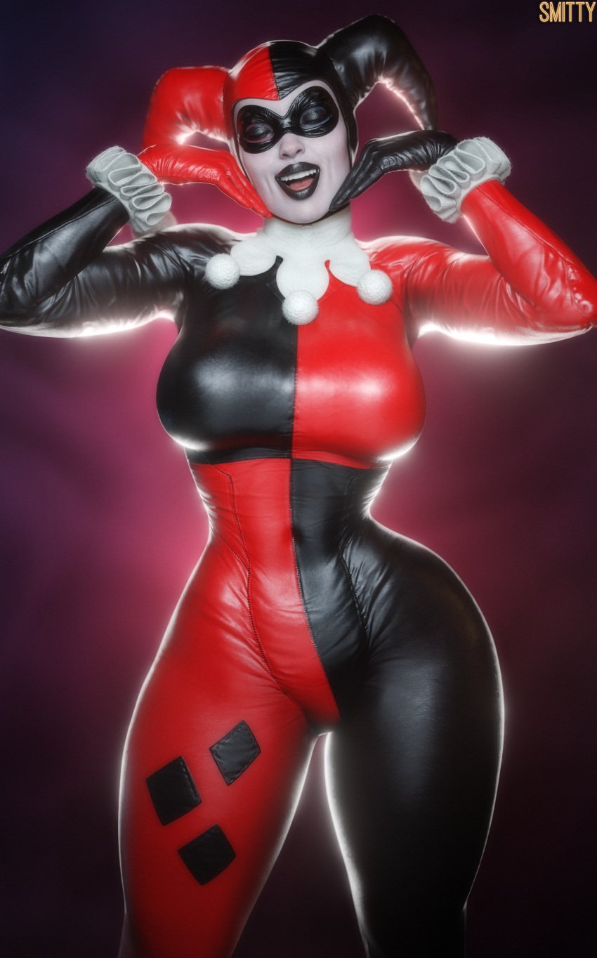 3d batman_(series) big_ass big_breasts blender clothed dc dc_comics fully_clothed happy harley_quinn harley_quinn_(classic) harley_quinn_(injustice) large_ass large_breasts smitty34 solo solo_female thick_thighs wide_hips