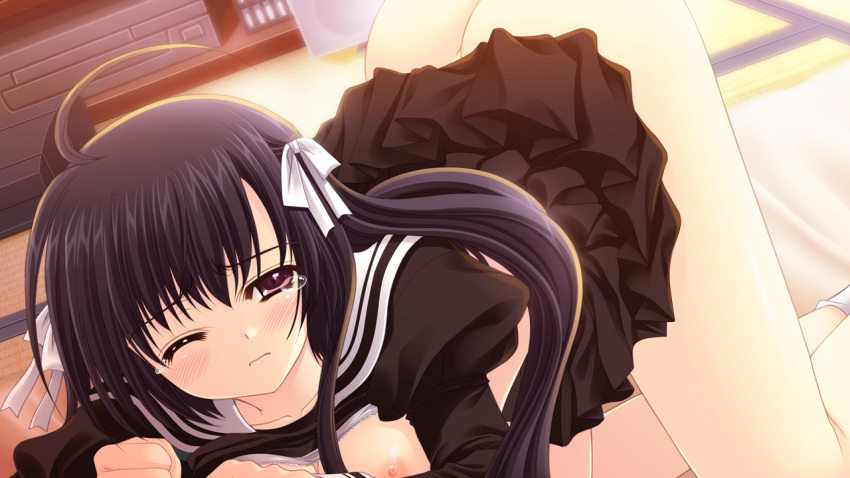 bed black_hair bra breasts game_cg hananomiya_ako long_hair nipples nishimata_aoi open_clothes open_shirt purple_eyes seifuku sekai_seifuku_kanojo sex shirt tear underwear