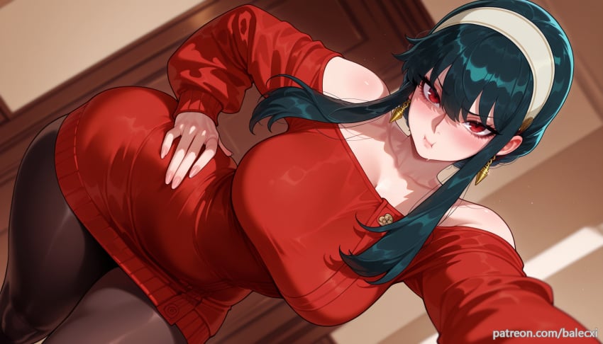ai_generated balecxi bare_shoulders black_hair blush dress earrings female hairband jewelry large_breasts long_sleeves looking_at_viewer off_shoulder pantyhose patreon_username pout red_eyes red_sweater sidelocks solo spy_x_family thighs web_address yor_briar yor_forger
