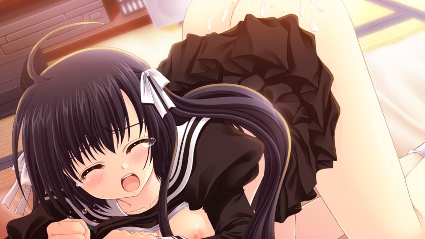 bed black_hair bra breasts cum game_cg hananomiya_ako long_hair nipples nishimata_aoi open_clothes open_shirt seifuku sekai_seifuku_kanojo sex shirt tear underwear