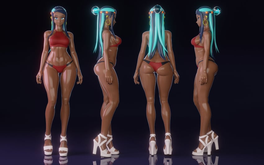1girls 3d 3d_model alternate_version_available ass blue_hair female female_only halter hi_res high_heels highres nessa_(pokemon) pokemon sideboob tagme yaja3d
