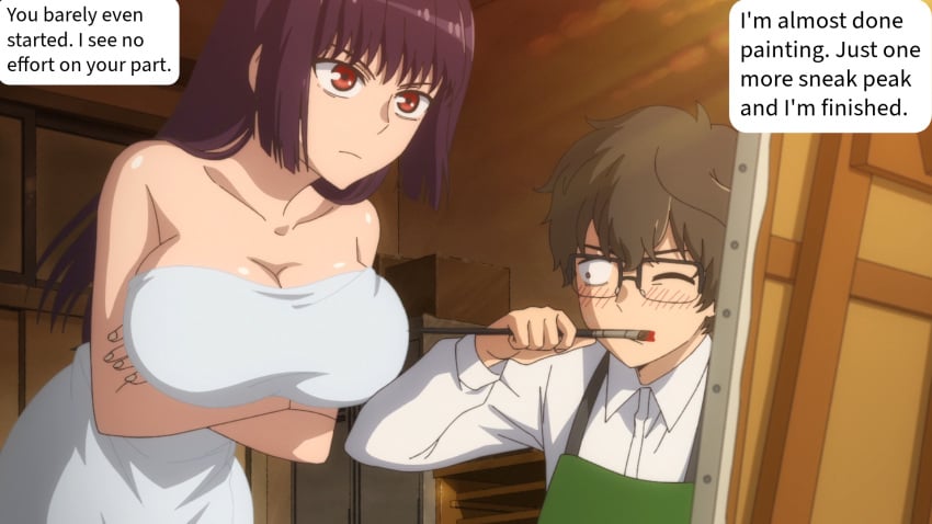 1boy 1girls ai_generated breasts caught caught_off_guard edited edited_screencap female hi_res huge_breasts light_skin long_hair loose_clothes male naoto_hachioji_(senpai) painting partially_clothed please_don&#039;t_bully_me,_nagatoro president_(nagatoro) purple_hair red_eyes sana_sunomiya screencap simple_background text text_bubble towel towel_around_waist voluptuous we2323e242 wide_hips