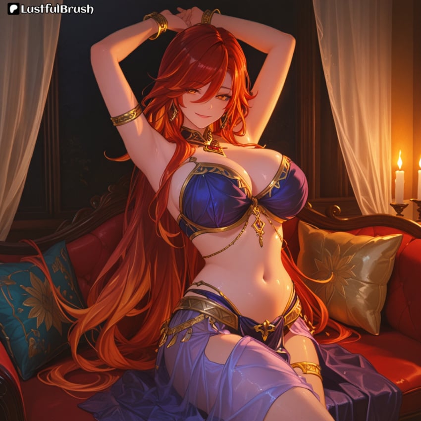 ai_generated belly_dancer genshin_impact huge_breasts lustfulbrush mavuika_(genshin_impact) natlan_girls perfect_body red_hair seductive
