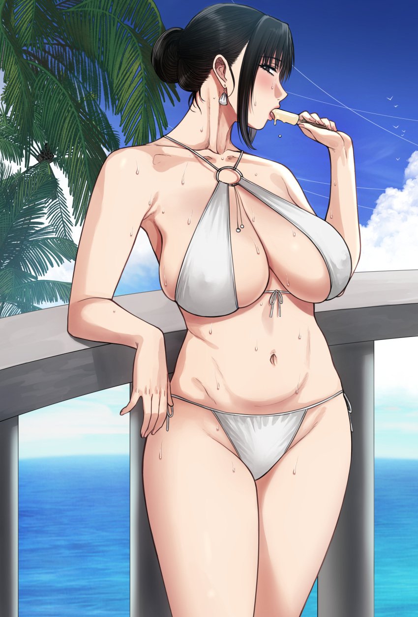 beach bikini black_eyes black_hair blue_sky blush breasts cleavage cloud collarbone curvy earrings hair_bun highres ice_cream large_breasts lipstick looking_to_the_side mature_female milf nush_(xter) ocean original palm_tree standing sunlight sweat thick_thighs tree white_bikini xtermination