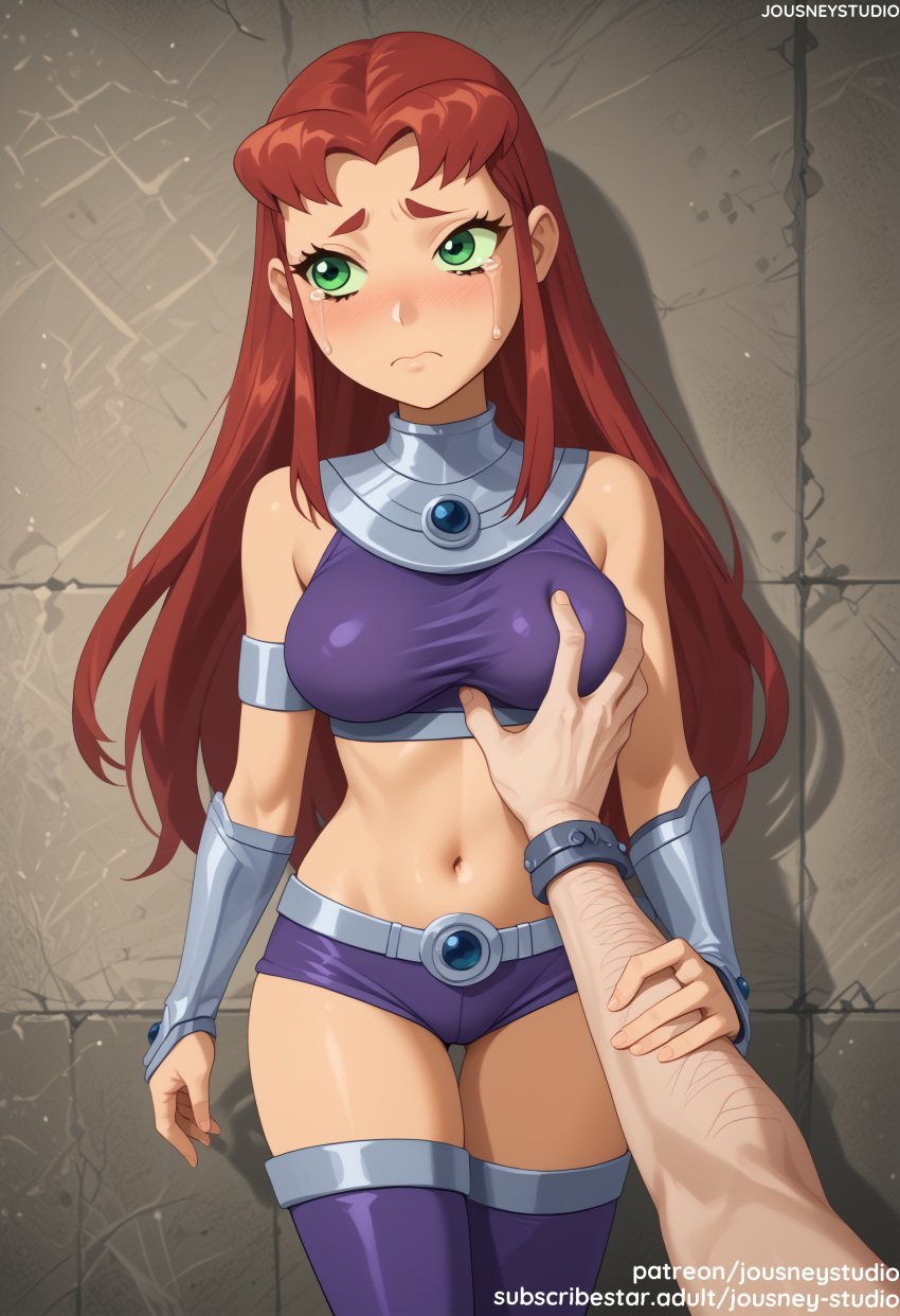 1boy ai_generated arm_hair armlet bangs bare_shoulders belt blush boots breast_grab breasts cartoon_network cleavage closed_mouth clothing crop_top cry crying crying_with_eyes_open eyebrows female frown gloves grabbing grabbing_another's_breast green_eyes groping jewelry jousneystudio koriand'r large_breasts legwear long_hair looking_away looking_to_the_side male medium_breasts micro_shorts midriff navel older parted_bangs purple_footwear purple_thighhighs red_hair sad shiny_skin shirt short_shorts shorts sleeveless sleeveless_shirt solo_focus standing starfire starfire_(comics) starfire_(teen_titans) stomach straight sweat tamaranean tears teen_titans thigh_boots thigh_gap thighhighs thighs vambraces young_adult young_adult_female young_female