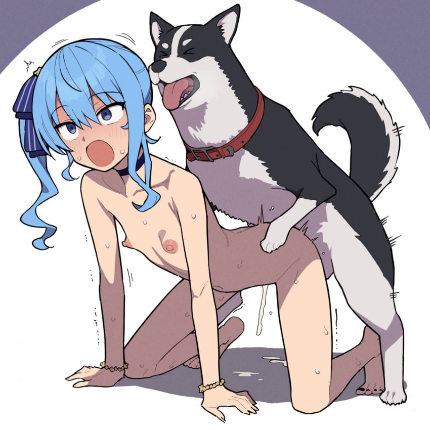 1animal 1girls animal_genitalia barefoot bestiality blue_eyes blue_hair canid canine cum cum_drip cum_in_pussy cum_inside cum_on_floor domestic_dog feet female feral flat_chest hentamonn hololive hololive_gen_0 hololive_japan hoshimachi_suisei interspecies male painted_nails virtual_youtuber vtuber white_background zoophilia