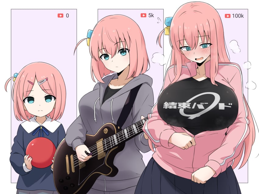 age_progression amogan ball big_breasts black_shirt blue_eyes blush bocchi_the_rock! breasts busty embarrassed female gotou_hitori guitar hoodie huge_breasts jacket large_breasts long_hair pink_hair shirt thin_waist tracksuit