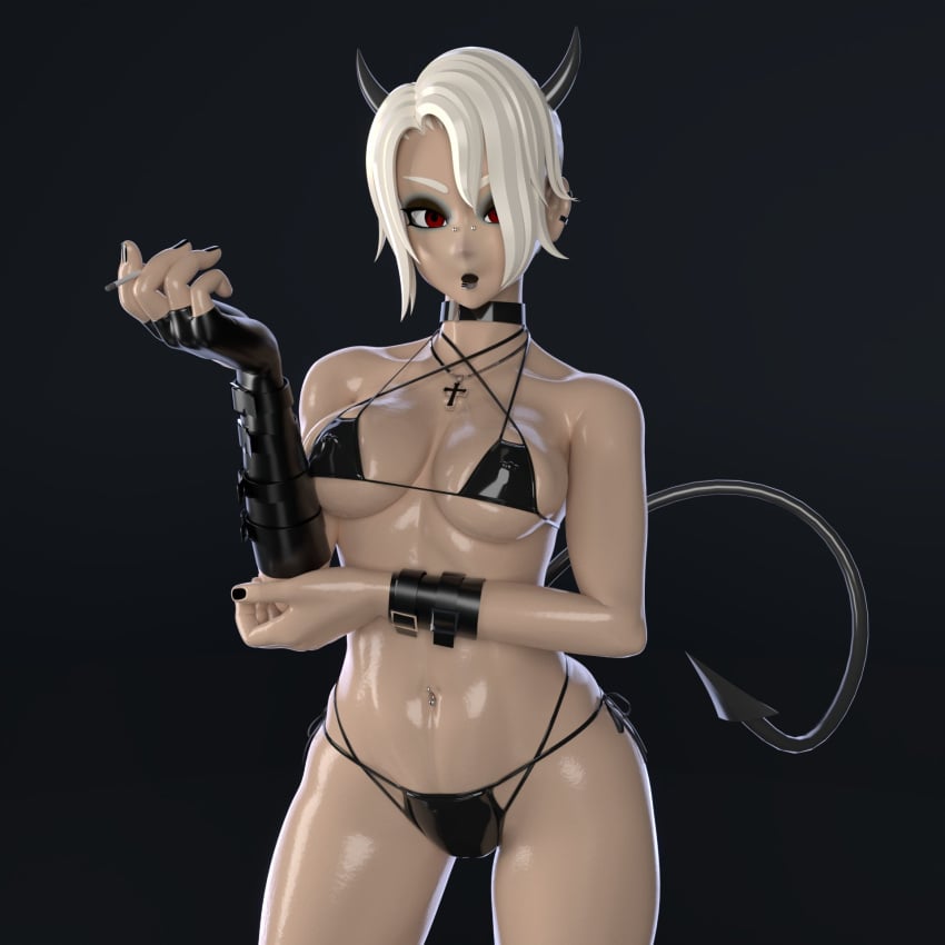 1girls 3d 3d_model alternate_version_at_source alternate_version_available bikini breasts close-up close_up closeup demon demon_girl demon_horns demon_tail earrings eye_shadow female female_only goth goth_girl gothic helltaker lip_piercing nipple_bulge nipple_piercing nose_piercing piercing piercings red_eyes smoking smoking_cigarette tagme white_hair yaja3d zdrada_(helltaker)