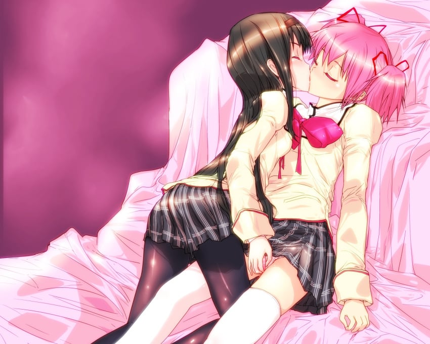 2girls akemi_homura female human kissing madoka_kaname mahou_shoujo_madoka_magica mine_(peak) multiple_girls vibrator yuri