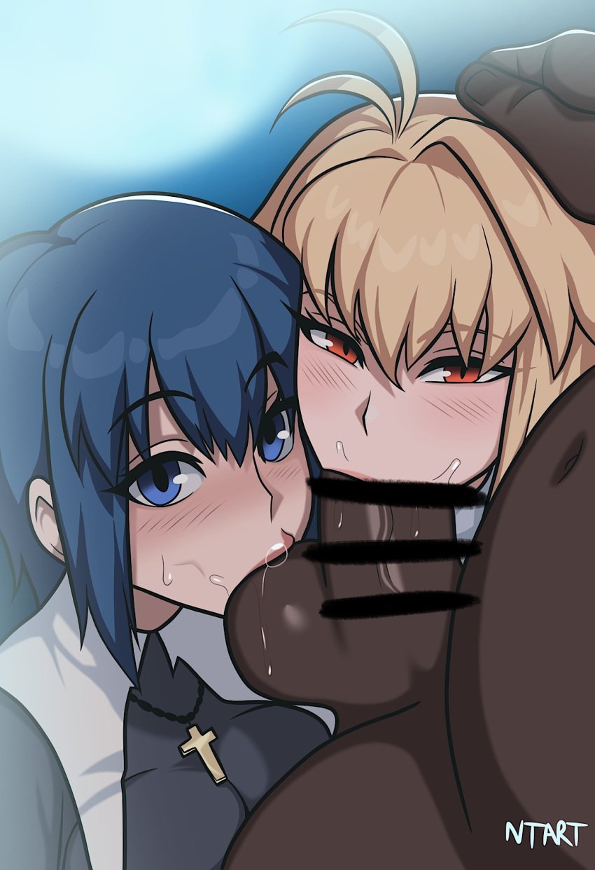 1boy 2girls :&gt;= ahoge anteater_face arcueid_brunestud aroused ball_worship big_cock blonde_hair blowjob blowjob_face blue_eyes blue_hair blush censored ciel_(tsukihime) cock dark-skinned_male dark_skin fellatio female hand_on_head horny horny_female huge_balls huge_cock interracial large_cock looking_at_viewer male melty_blood naughty_taboos nun oral oral_sex penis penis_worship saliva saliva_on_penis short_hair tsukihime tsukihime_(remake) tunic vampire vampire_girl