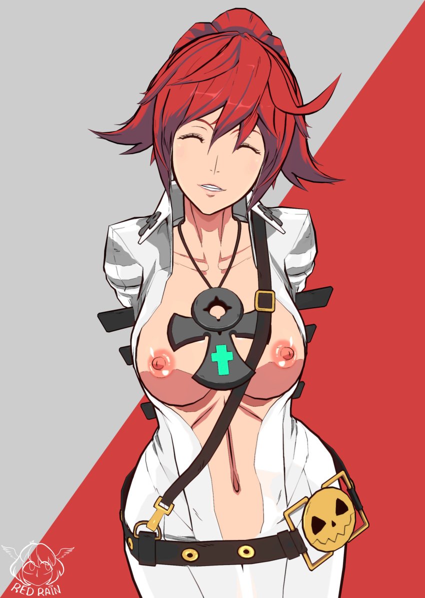 artist_signature belly_button big_breasts cute guilty_gear hands_behind_back jack-o'_valentine nipples redrainsfm self_upload smile