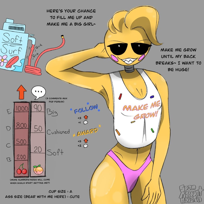 1girls animatronic anthro armpits ass_expansion ass_growth breast_expansion breast_growth butt_expansion butt_growth dialogue expansion expansion_sequence female female_focus female_only femsub five_nights_at_freddy's furry growth growth_sequence humanoid robot solo solo_female spamaccounthavefun text toy_chica_(fnaf)