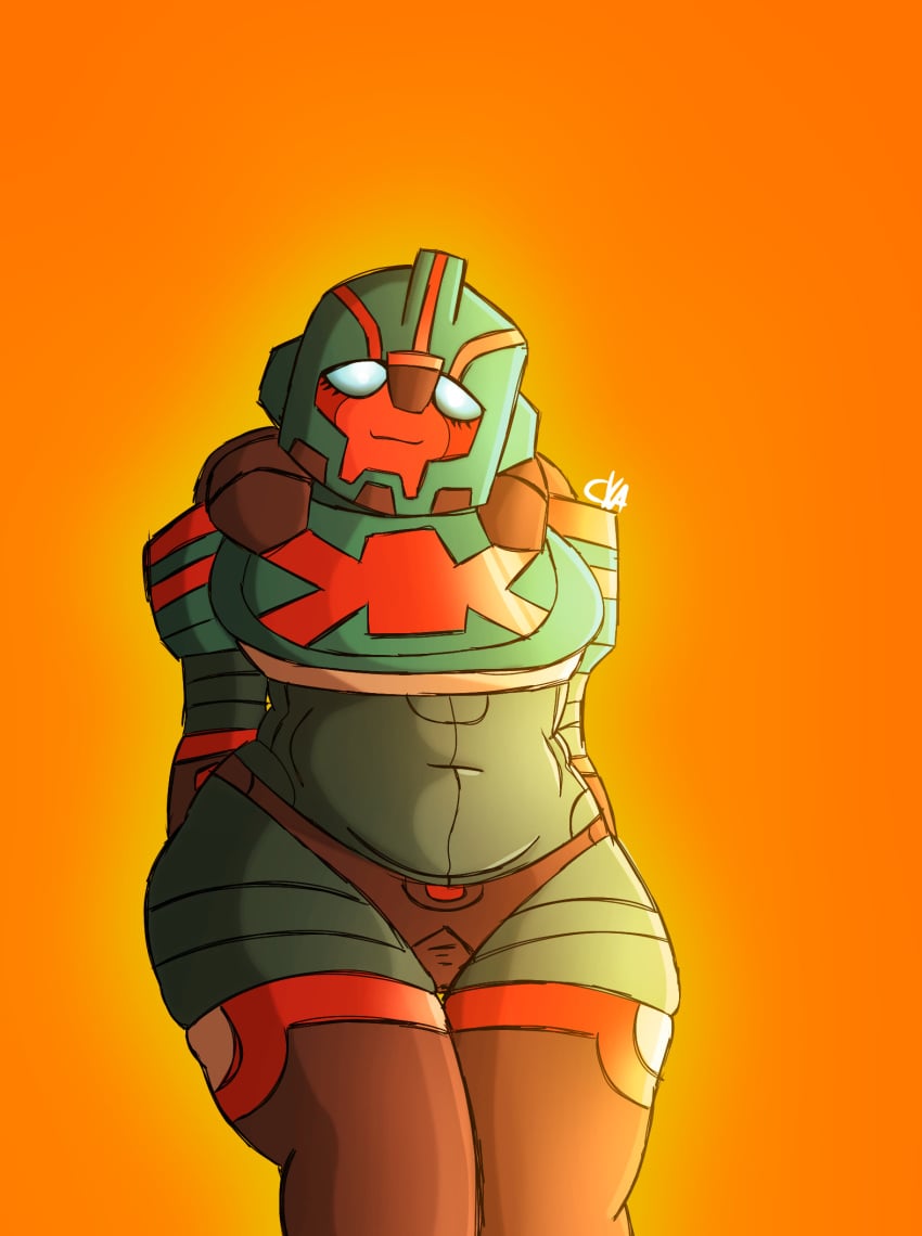 1girls alien alien_girl autobot busty chromexorannex chubby_female cybertronian gradient_background high_times mecha oc original_character ourobouro panties robot robot_girl simple_background smiling_at_viewer solo thick_thighs thighhighs transformers tummy