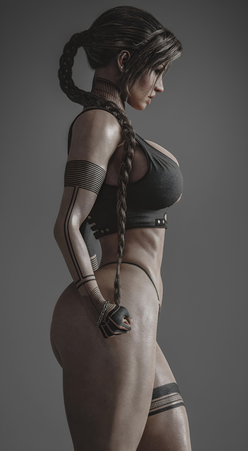 3d 3d_(artwork) ass breasts brown_hair cleavage clothing kisxsfm lara_croft lara_croft_(classic) large_ass large_breasts muscular_thighs ponytail simple_background tattoo thick_thighs thighs tomb_raider