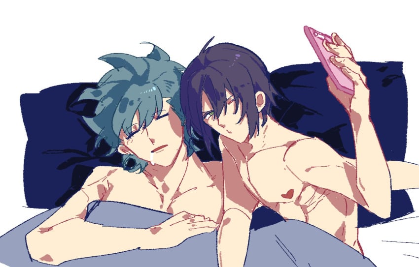 2boys after_sex doodle drooling gintama hisagi_(hria_h) in_bed kawakami_bansai male male_only morning_after on_bed phone photo purple_hair recording selfie sleeping takasugi_shinsuke teal_hair topless topless_male upper_body wholesome wink yaoi