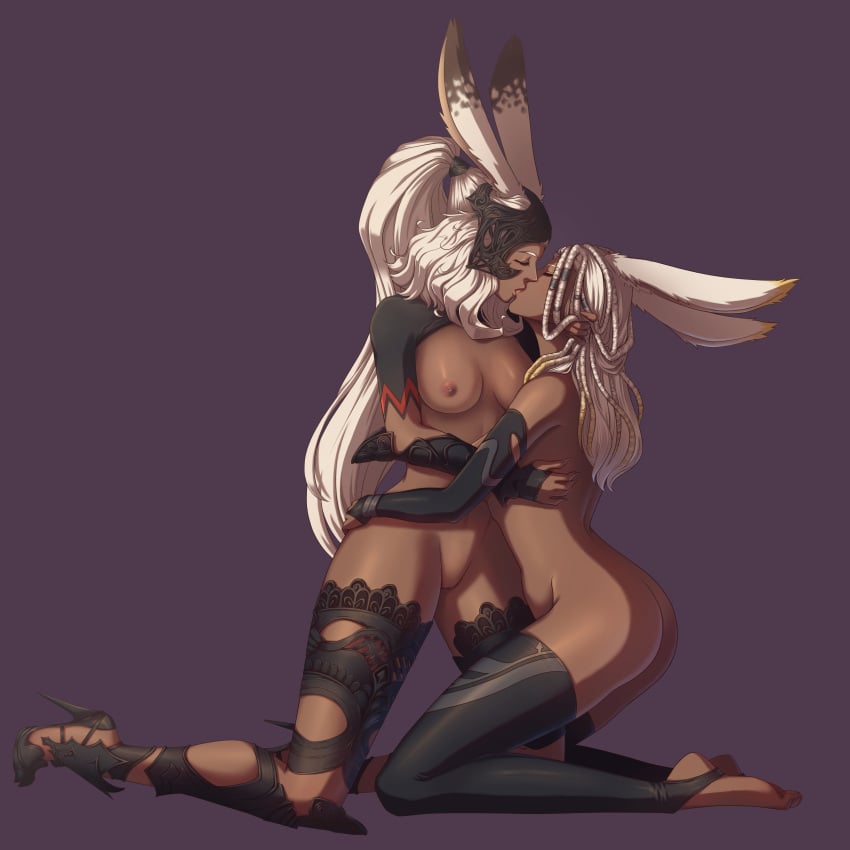 2girls dark_skin female female_only final_fantasy final_fantasy_xiv fran furrholic kissing multiple_girls silver_hair stirrup_legwear sypha_flowen viera yuri