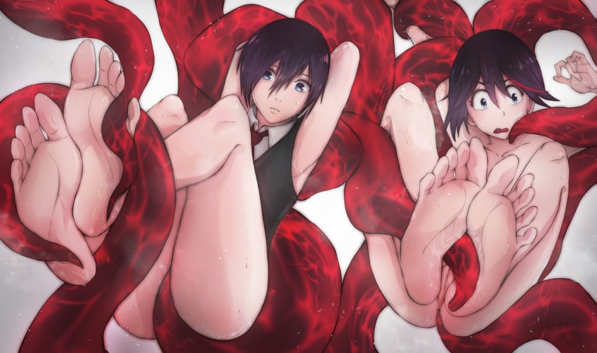 2girls armpits arms_above_head arms_behind_head arms_up bangs before_sex black_hair blue_eyes bondage bound bound_arms bound_wrists completely_nude completely_nude_female dubious_consent feet feet_together feet_up foot_fetish foot_focus kill_la_kill kirishima_touka matoi_ryuuko multiple_girls nervous nude nude_female open_mouth partially_clothed restrained restrained_by_tentacles shoarts short_hair streaked_hair suspended suspension sweat sweatdrop sweating sweaty tentacle tentacle_grab tie toes tokyo_ghoul vagina vest white_background worried