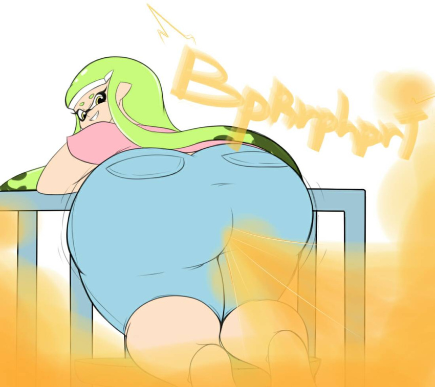 1girls 2021 bbw bending_over big_ass chubby chubby_female clothed fart fart_fetish female female_focus female_only green_hair grin huge_ass inkling inkling_girl jeans looking_at_viewer motion_lines natalie natalie(nataliebum25) nataliebum25 nintendo original_character smug splatoon splatoon_2 splatoon_3 white_background yellow_eyes