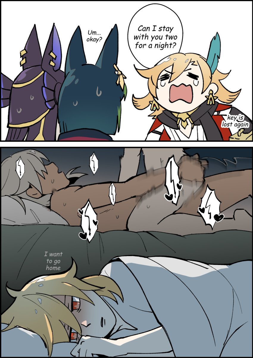 2_panel_comic 2koma 3boys anal anal_sex animal_ears animal_hat bangs bed before_and_after black_hair black_headwear blanket blonde_hair comic commentary cowboy_position cyno_(genshin_impact) dark-skinned_male dark_skin earrings english_commentary english_text feather_hair_ornament feathers fox_boy fox_ears fox_tail gay gay_sex genshin_impact green_hair hair_ornament hat heart highres homo homosexual jewelry kaveh_(genshin_impact) kocchi lying male_focus male_only multicolored_hair multiple_boys nude on_back on_bed on_side open_mouth parted_lips red_eyes sex shaded_face straddling sweat tail tears tighnari_(genshin_impact) yaoi