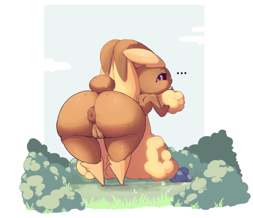 amailemon animal_humanoid anthro anus ass berry big_anus big_butt big_ears black_sclera blonde_hair brown_body brown_fur cloud female food fruit fur generation_4_pokemon genitals grass hair hi_res humanoid lagomorph lagomorph_humanoid leporid leporid_humanoid looking_at_viewer lopunny mammal mammal_humanoid nintendo oran_berry outside pink_eyes plant pokemon pokemon_(species) pokemon_berry puffy_anus pussy rabbit scut_tail short_tail shrub sky solo tail thick_thighs wide_hips