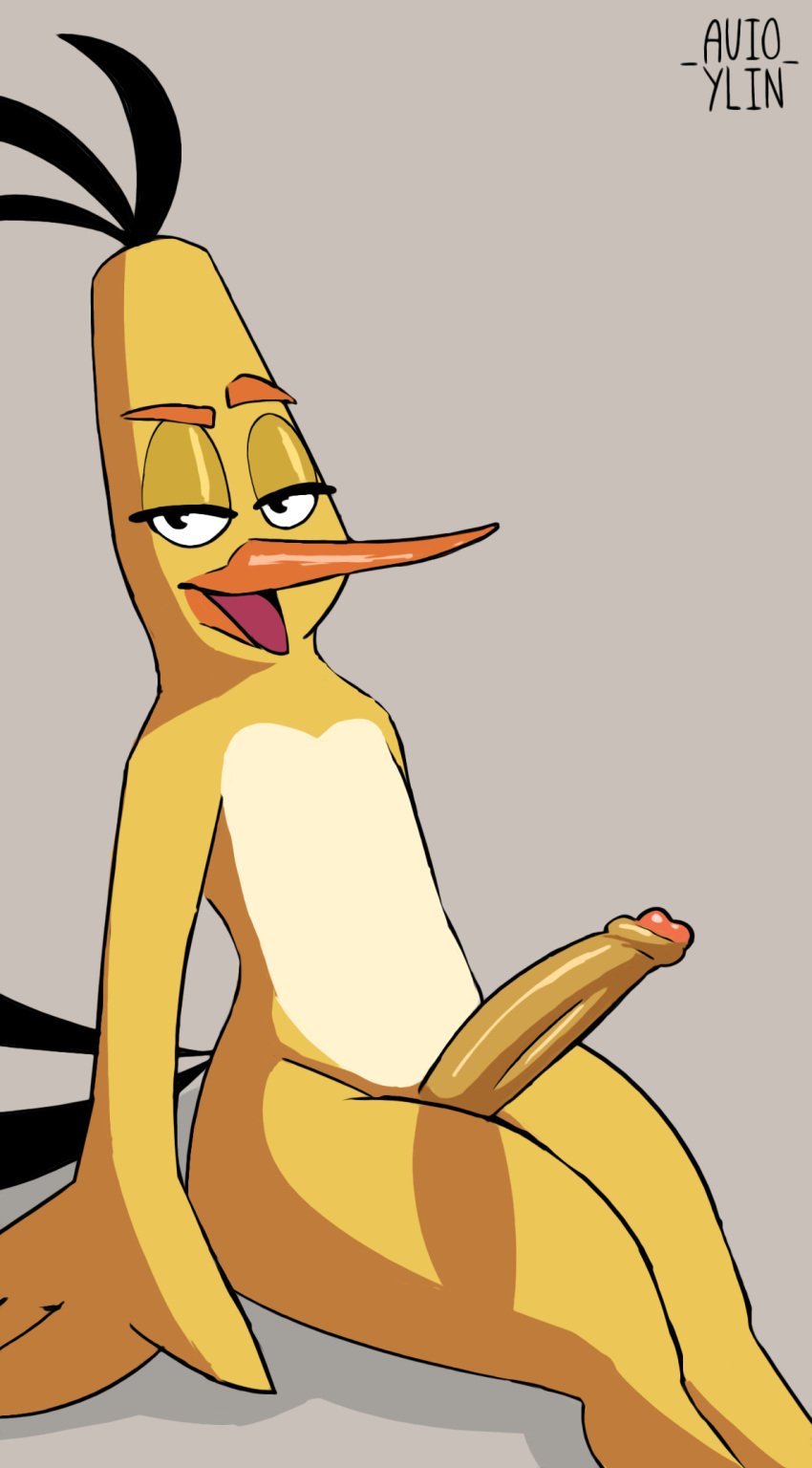 1boy angry_birds anthro avian avioylin beak bedroom_eyes bird chuck_(angry_birds) erection feathers gay genitals hi_res humanoid_genitalia humanoid_penis looking_at_viewer male male_only narrowed_eyes penis seductive simple_background solo the_angry_birds_movie thick_thighs