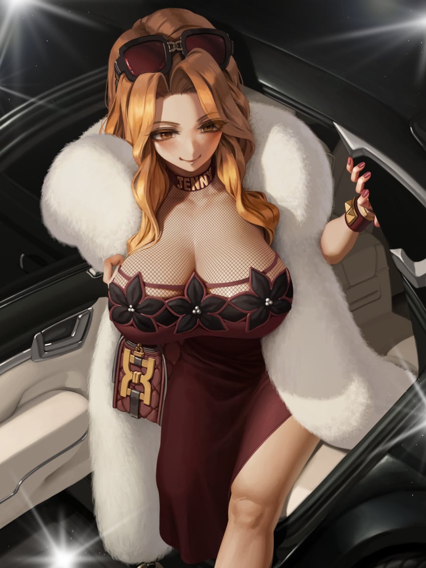 1girls black_survival blonde_hair breasts car character_name cleavage clothed clothing collar collarbone dress eyewear_on_head fishnets flashing_lights fur_scarf fur_trim handbag huge_breasts jenny_sinclair large_breasts letdie1414 long_hair motor_vehicle nail_polish red-tinted_eyewear red_collar red_dress smile solo sunglasses tagme tinted_eyewear yellow_eyes