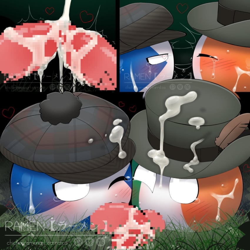 2boys blush censored countryballs crying crying_with_eyes_open cum cum_everywhere cum_in_hat cumplay feathers gay gay_sex hat having_fun heart heart-shaped_pupils homosexual ireland_(polandball) kissing looking_pleasured male male_focus male_only non-human one_eye_closed pink_penis polandball ramenラーメン red_penis repost saliva_string scotland_(polandball) toony waddling_head watermark yaoi