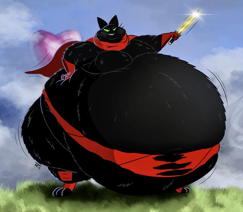 ass belly big_ass big_butt blue_sky cape chubby_cheeks chubby_male clouds felid feline feline_ears felis gloves grass green_eyes huge_belly ian-exe katana male mao_mao:_heroes_of_pure_heart obese red_cape red_clothes red_gloves sheriff_mao_mao_mao smile sword torn_clothes torn_clothing