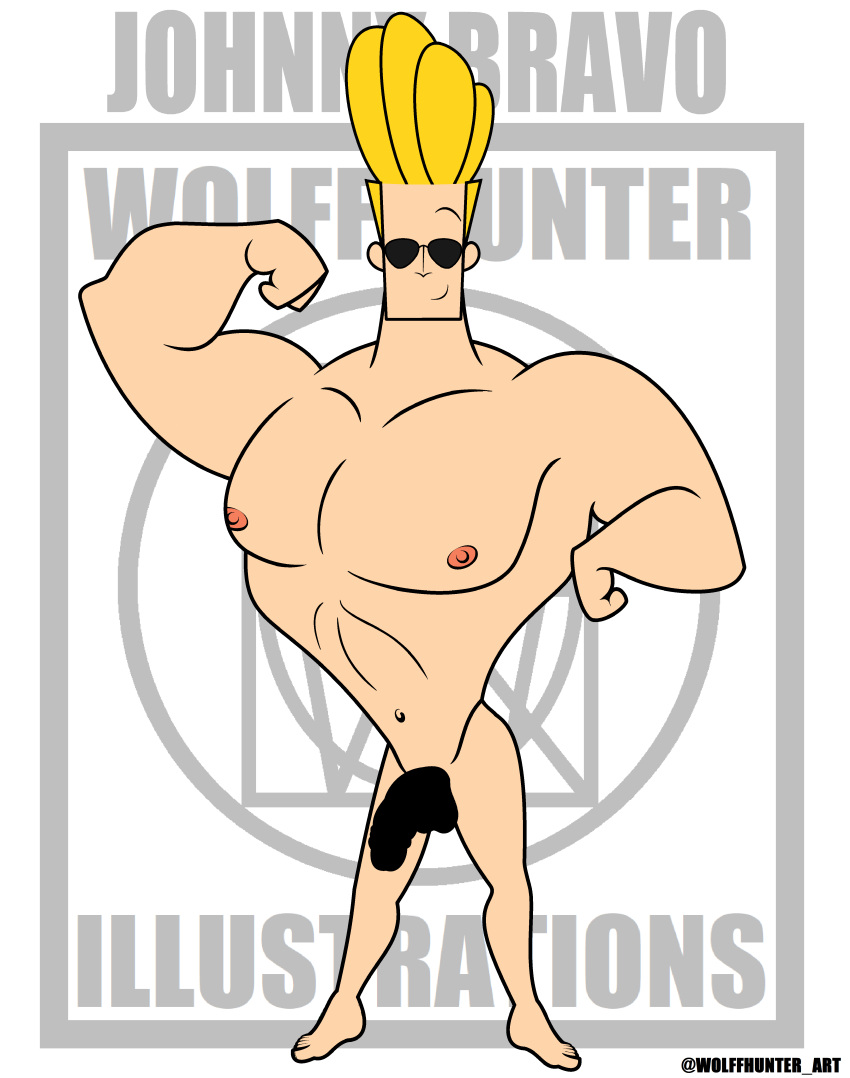 cartoony censored_penis erection johnny_bravo johnny_bravo_(series) male male_nipples male_only male_pubic_hair masculine mature_male muscles muscular_male pecs smile smiling smooth_skinned_male solo veiny_penis white_background wolffhunter_art