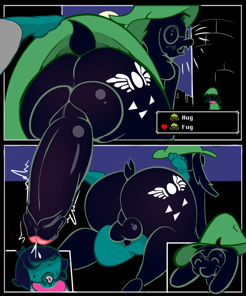 anonymous_artist anthro big_penis bodily_fluids clothing cum deltarune duo from_front_position genital_fluids genitals hat headgear headwear hi_res human kris_(deltarune) lying male male/male mammal mating_press missionary_position on_back penis ralsei robe_lift sex surprise undertale_(series)