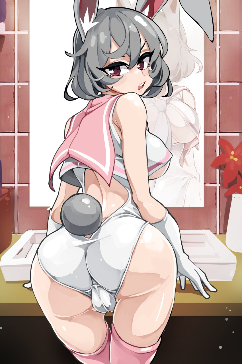 annoyed anus_outline ass bathroom bongfillstudent bunny_ears bunny_girl bunny_industry_(bongfillstudent) bunny_tail cameltoe fat_mons from_behind gloves grey_fur grey_hair highleg highleg_leotard large_ass large_breasts leotard looking_at_viewer looking_back medium_hair mirror navel_outline pink_clothing red_eyes sailor_uniform serafuku sink skin_tight thighhighs tie tight_clothing trefoil underboob yomyom_(bongfillstudent)