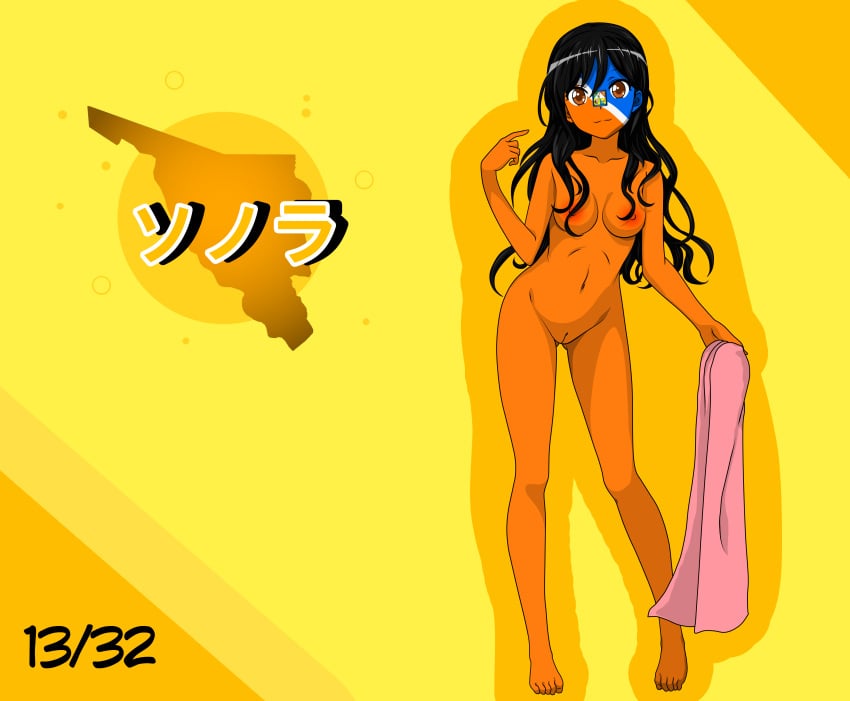 1girls alternate_version_available anime_style black_hair brown_eyes countryhumans countryhumans_girl female female_only japanese_text long_hair mexico nude nude_female orange_body orange_nipples orange_skin quetzalcóatl_(artist) simple_background sonora_(statehumans) statehumans statehumans_girl text yellow_background