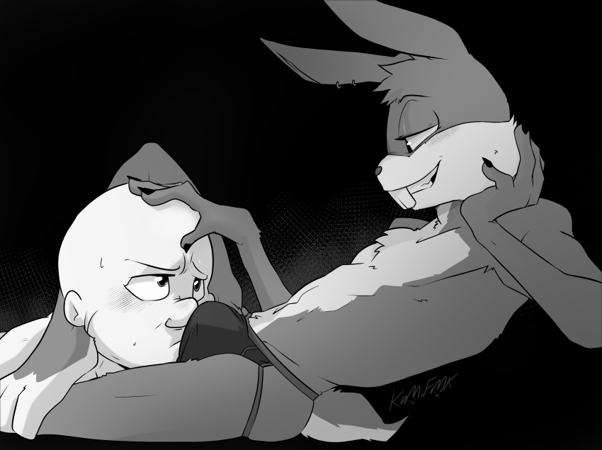 absurd_res anthro bald blush buckteeth bugs_bunny chest_tuft clothed clothing drawfee drawfee_(copyright) duo ear_piercing elmer_fudd erection erection_under_clothing eye_contact face_in_crotch facial_markings fur grey_body grey_fur greyscale hand_on_head head_markings head_tuft hi_res hindpaw human humanoid_hands jockstrap jockstrap_only karina_farek lagomorph leporid lidded_eyes long_ears looking_at_another looney_tunes male male/male mammal markings monochrome muzzle_(marking) nails navel paws piercing rabbit sharp_nails side_view signature smile snout snout_markings tail teeth toeless_(marking) topless tuft underwear underwear_only warner_brothers