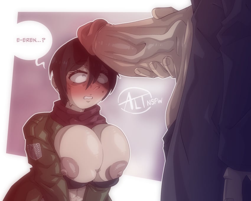 1boy 1girls altnsfw attack_on_titan balls big_balls big_breasts big_penis black_hair blush breast_squeeze breasts breasts_bigger_than_head breasts_out clothed eren_jaeger female female_focus hand_on_penis huge_balls huge_cock huge_cock looking_up mikasa_ackerman nervous penis penis_bigger_than_head penis_on_head short_hair sweating text text_bubble